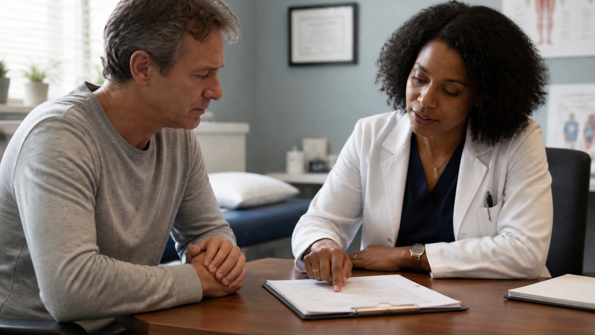 Clinician and patient discussing informed consent paperwork for neural implants in a consulting room.