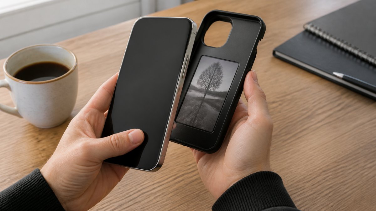 Smartphone wirelessly transferring an image to an electronic ink display on a phone case cover.