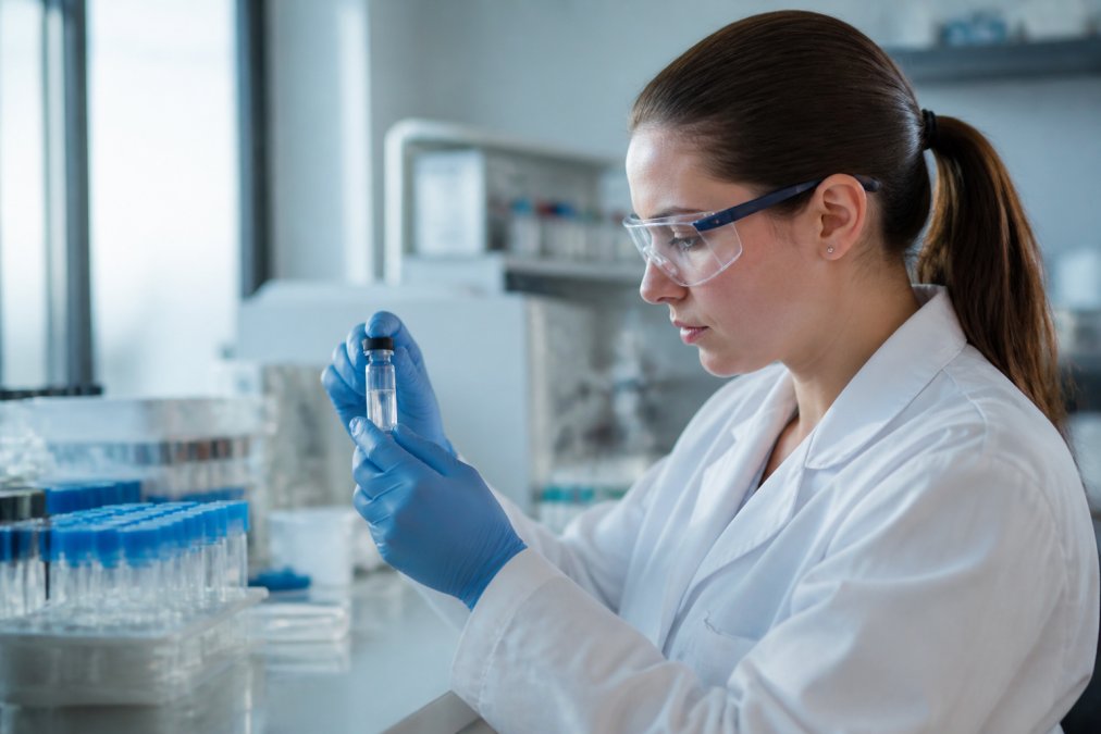 Professional researcher examining peptide sample in laboratory vial with molecular structure visualization on adjacent screen in modern research facility with controlled lighting