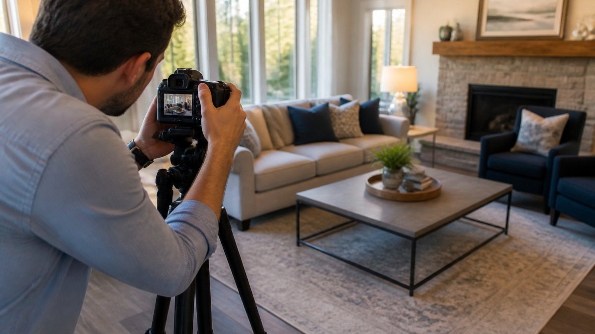 Real estate agent photographing a staged living room to market homes
