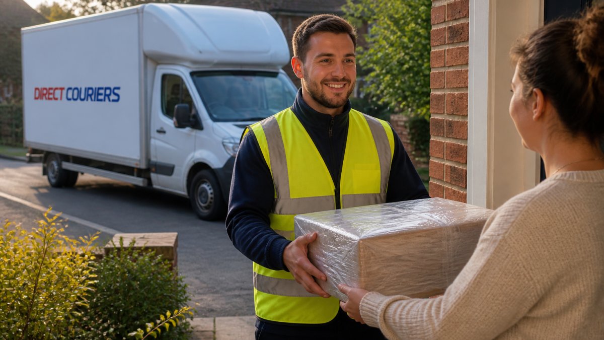 A courier in a high-visibility vest handing a large wrapped parcel to a customer at a residential doorstep, with a Luton van parked on the street behind, soft afternoon light