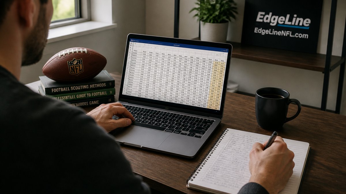 Bettor analyzing NFL matchup stats on a laptop spreadsheet with handwritten notes and coffee in a home office