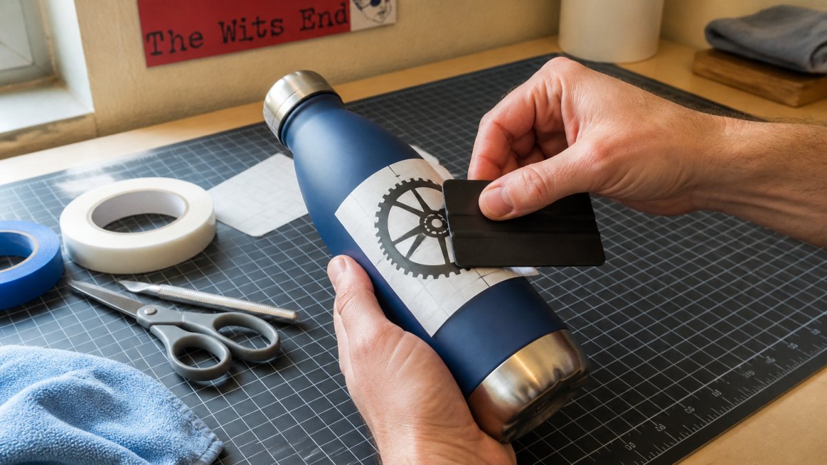 Hands using a squeegee to smooth a vinyl sticker onto a curved water bottle surface, demonstrating center-out application technique with the sticker conforming to the round shape