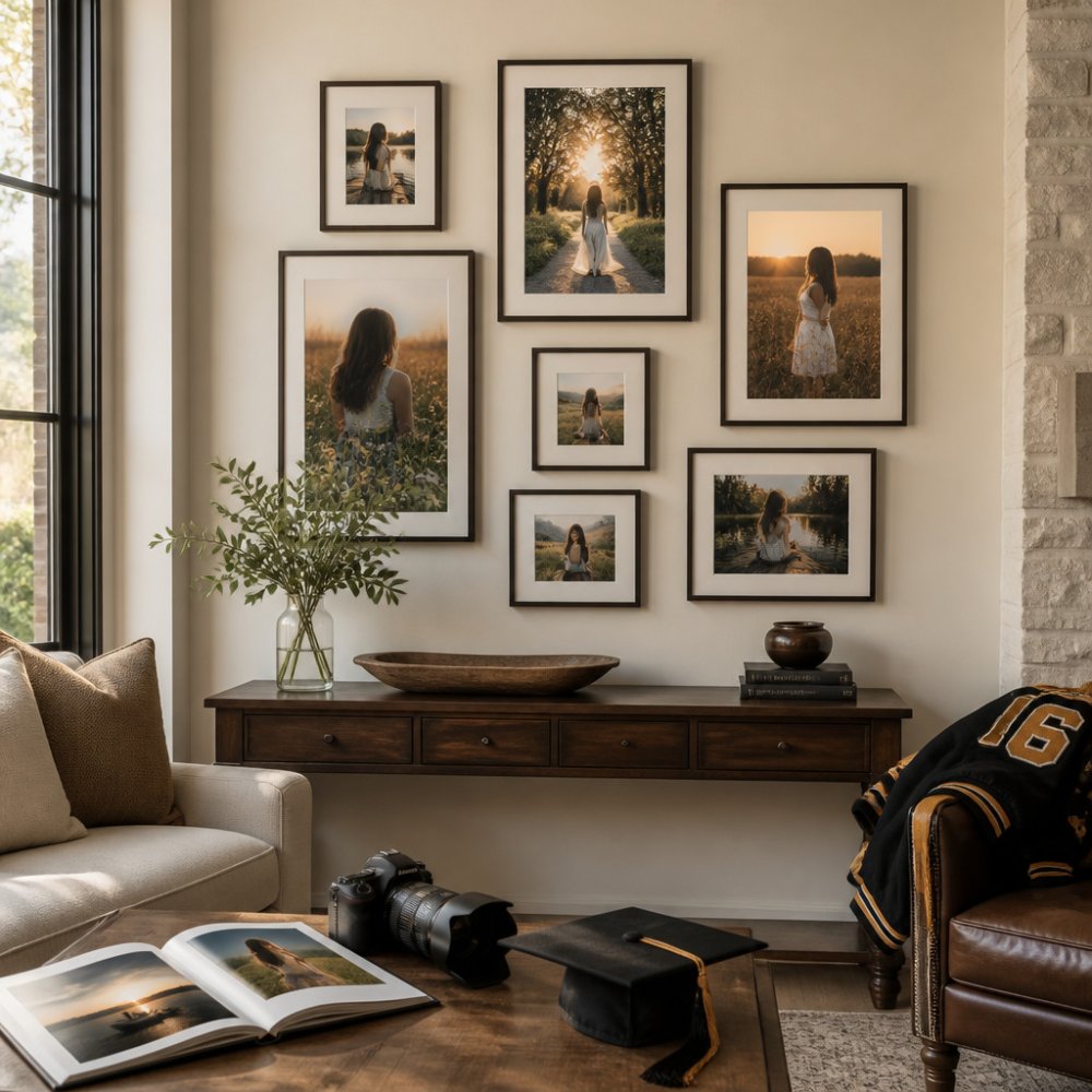 Diagram illustrating a balanced gallery wall layout for arranging framed portraits above a console table.