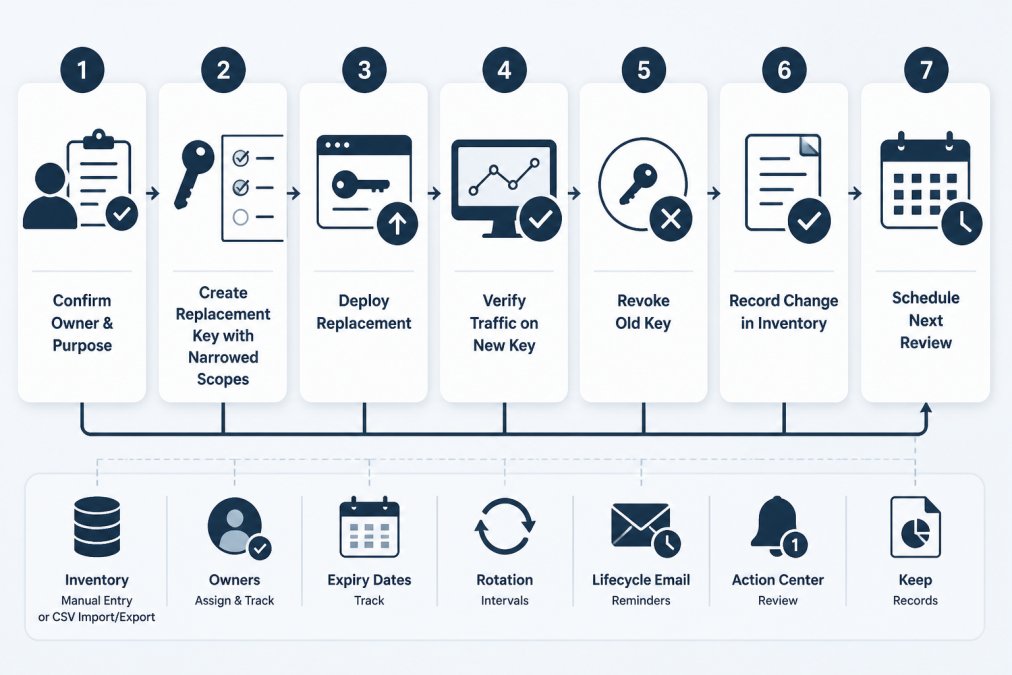 Flowchart showing the 7-step process to safely update and remediate API key permissions.