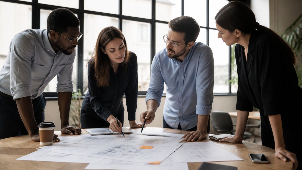 Professional team gathered around a desk reviewing workflow diagrams and process maps on paper and screen, discussing where bottlenecks occur in their daily operations