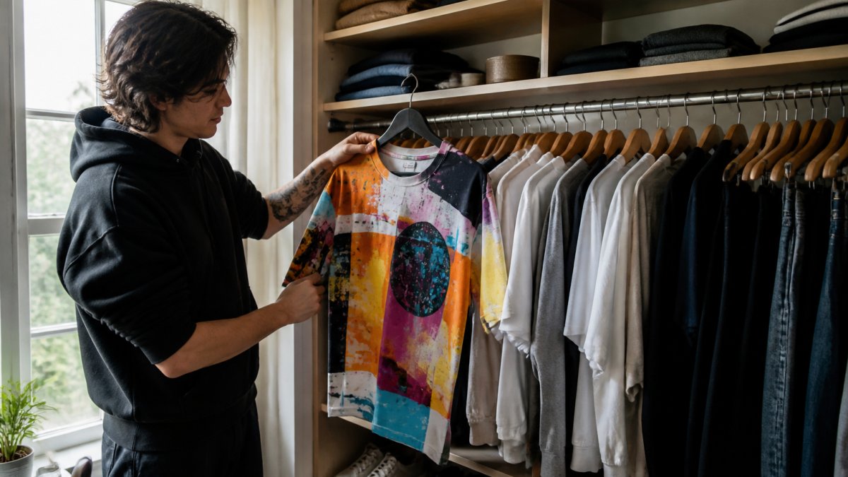 Person holding a colorful graphic t-shirt in front of a closet filled with neutral clothing in morning light