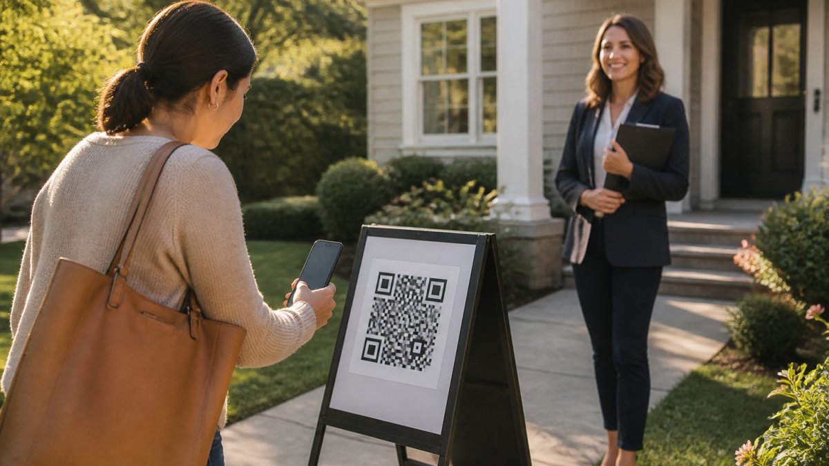Real estate agent holding a smartphone outside a residential property, with a QR code sign visible on a-frame stand near the front door, afternoon sunlight