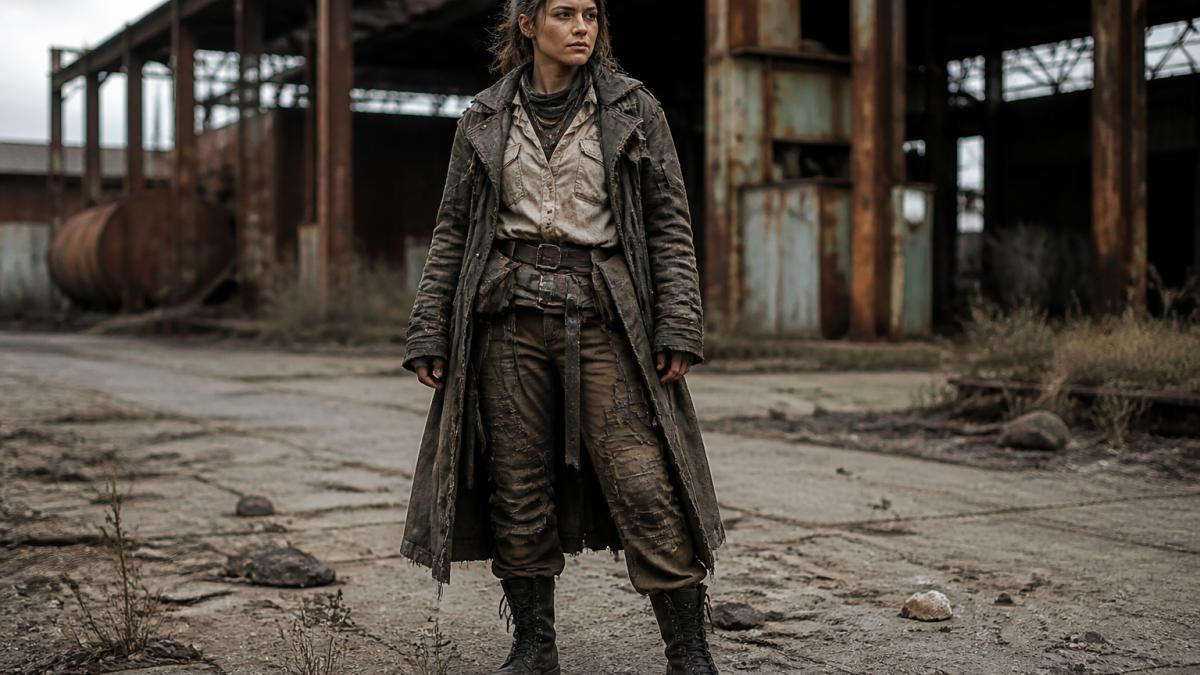Person in a layered dystopian wardrobe standing in a weathered industrial lot wearing a long coat and utility belt.