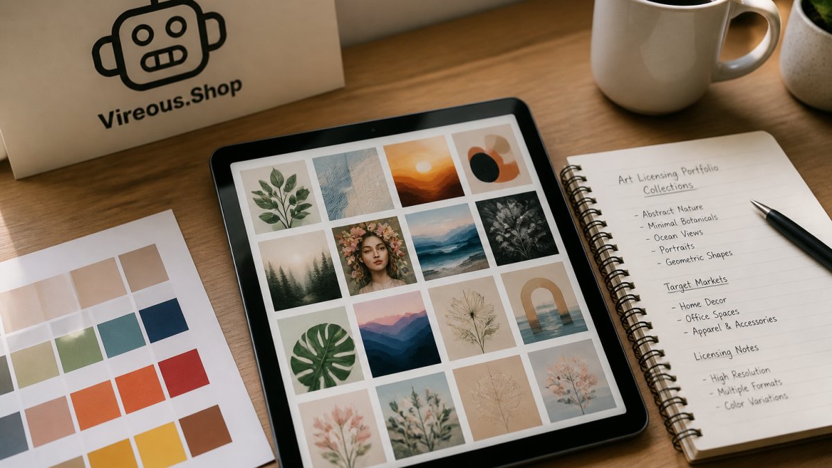 A flat lay of a tablet showing a grid of AI-generated artwork thumbnails, beside a printed color swatch sheet and a notebook with collection notes on a wooden desk