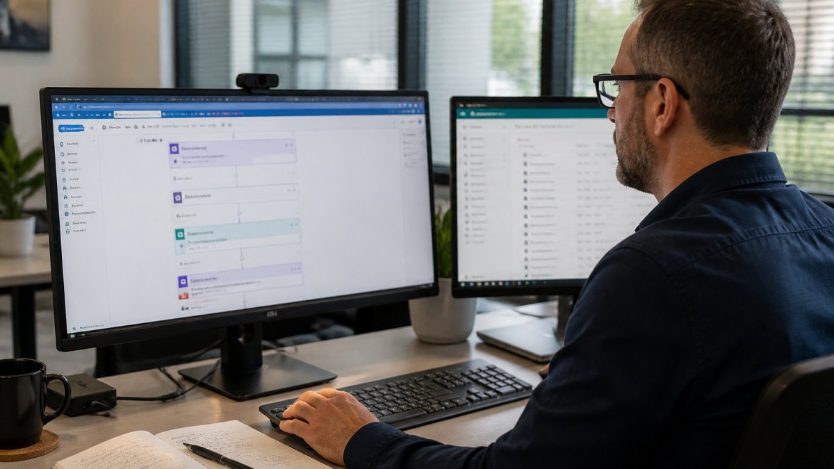 An IT professional at a desk configuring a workflow in Power Automate on a large monitor, with a SharePoint document library visible on a second screen, notebook and coffee nearby in a modern office