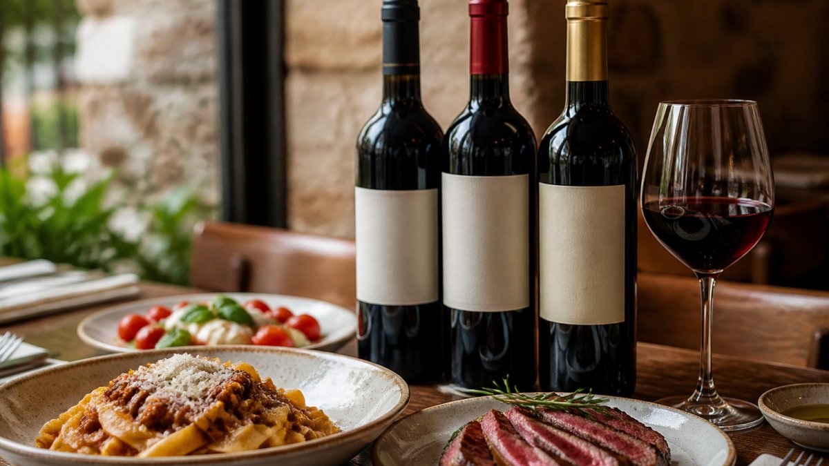 Close-up of Tuscan wine bottles displayed alongside Italian dishes on a restaurant table, natural lighting highlighting wine labels and food presentation