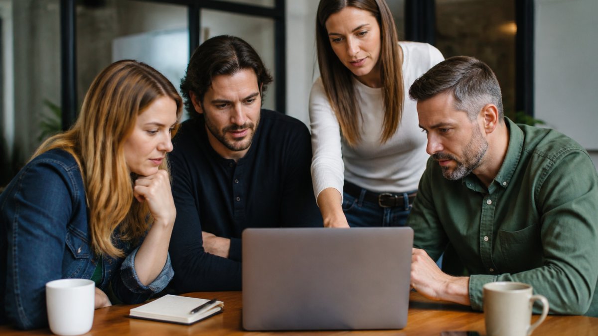 Small business team gathered around a desk looking at a laptop screen displaying real-time metrics and KPIs, with team members pointing and discussing the dashboard data together