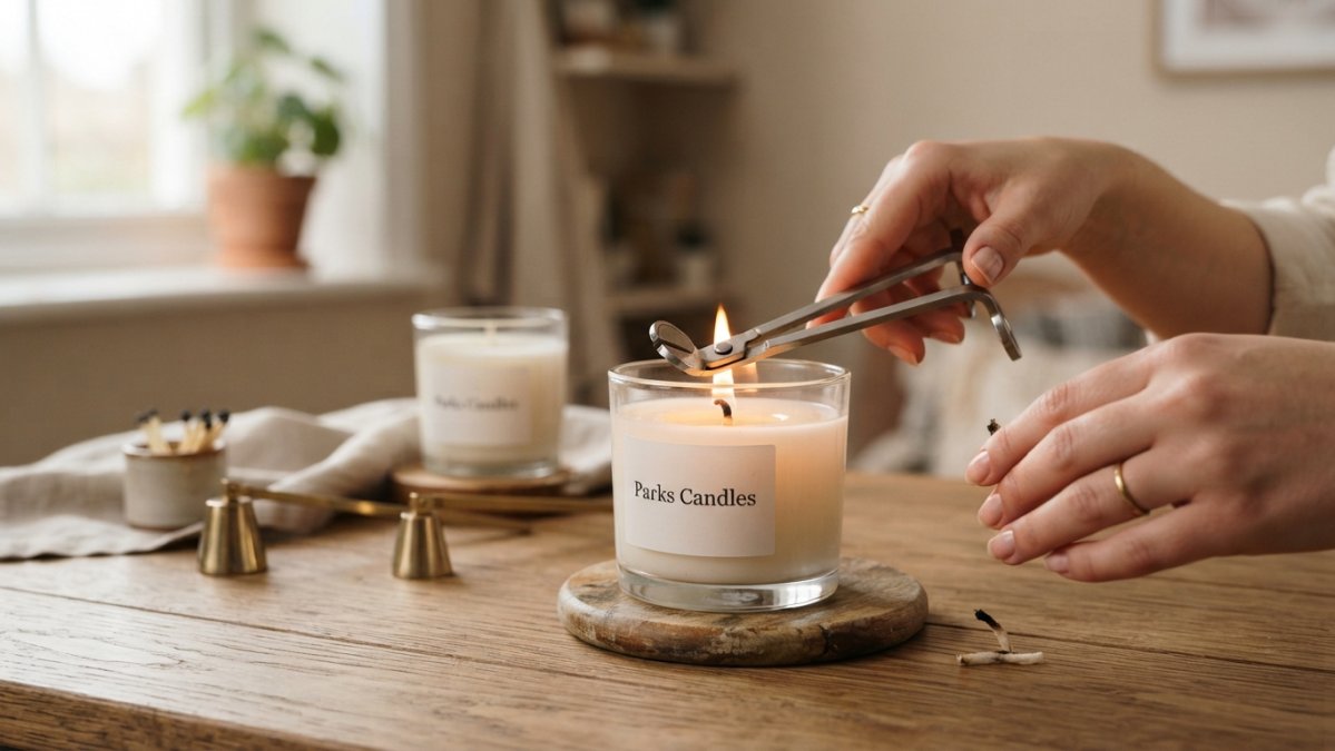 Close-up of hands using a pair of wick trimmers to snip a cooled candle wick to about five millimetres, with a lit candle and soft neutral interior in the background