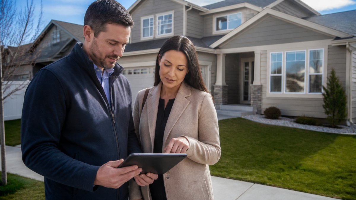 Real estate investor and agent reviewing property data on a tablet while buying investment property in Kuna.