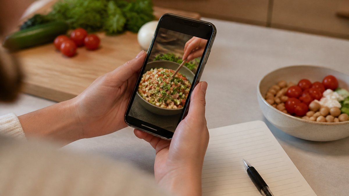 Step-by-step diagram showing how to extract ingredients from Instagram recipes using a smartphone and notebook.