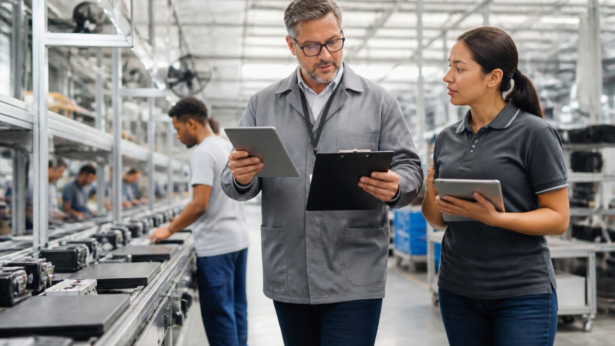 Production supervisor checking output counts on a tablet to monitor production efficiency in a factory plant