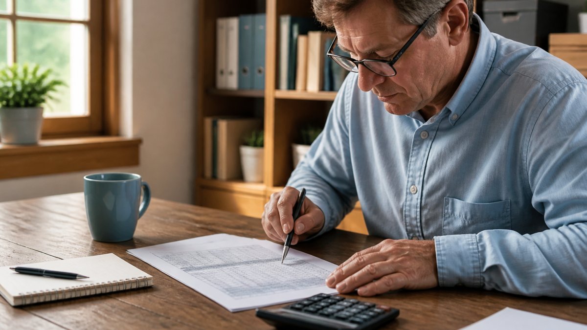 A small business owner at a wooden desk reviewing a printed spreadsheet with a calculator, notebook, and coffee cup, warm natural light from a window