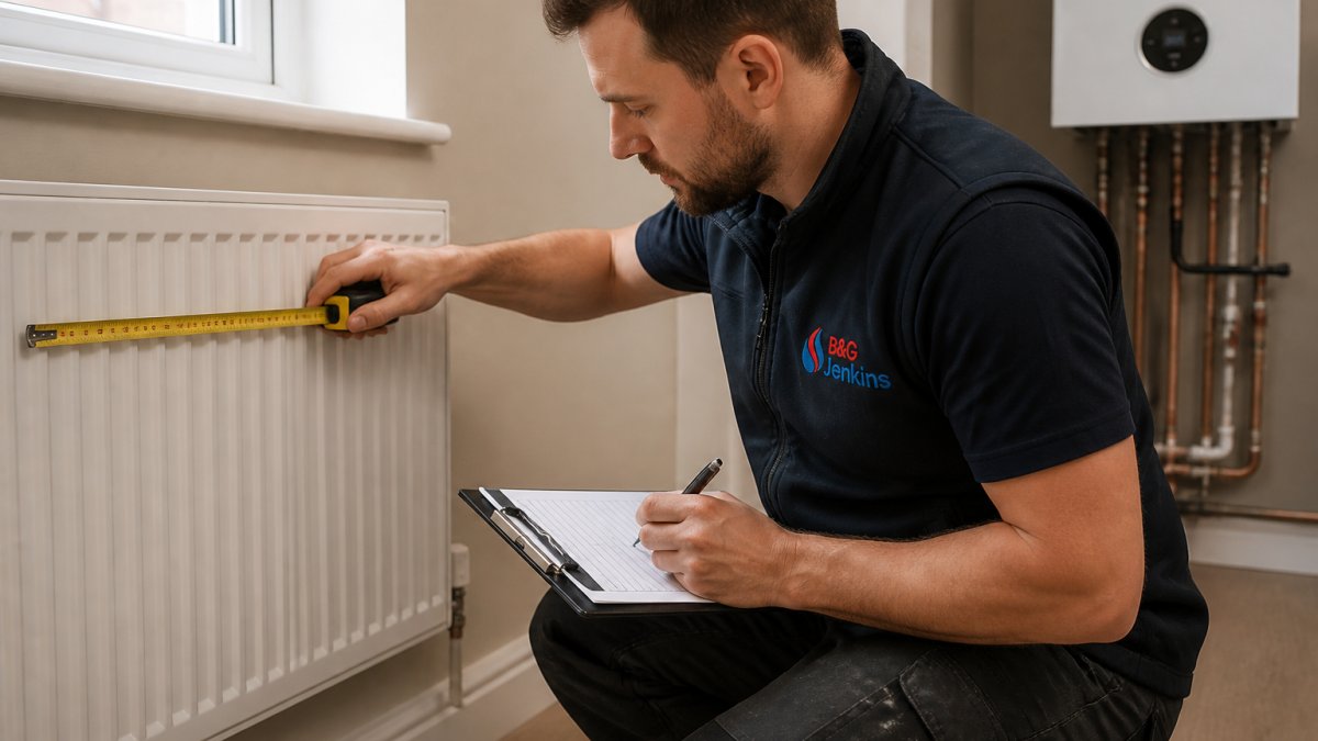 A heating engineer in a home measuring a radiator with a tape measure and noting figures on a clipboard, with a boiler visible in the background