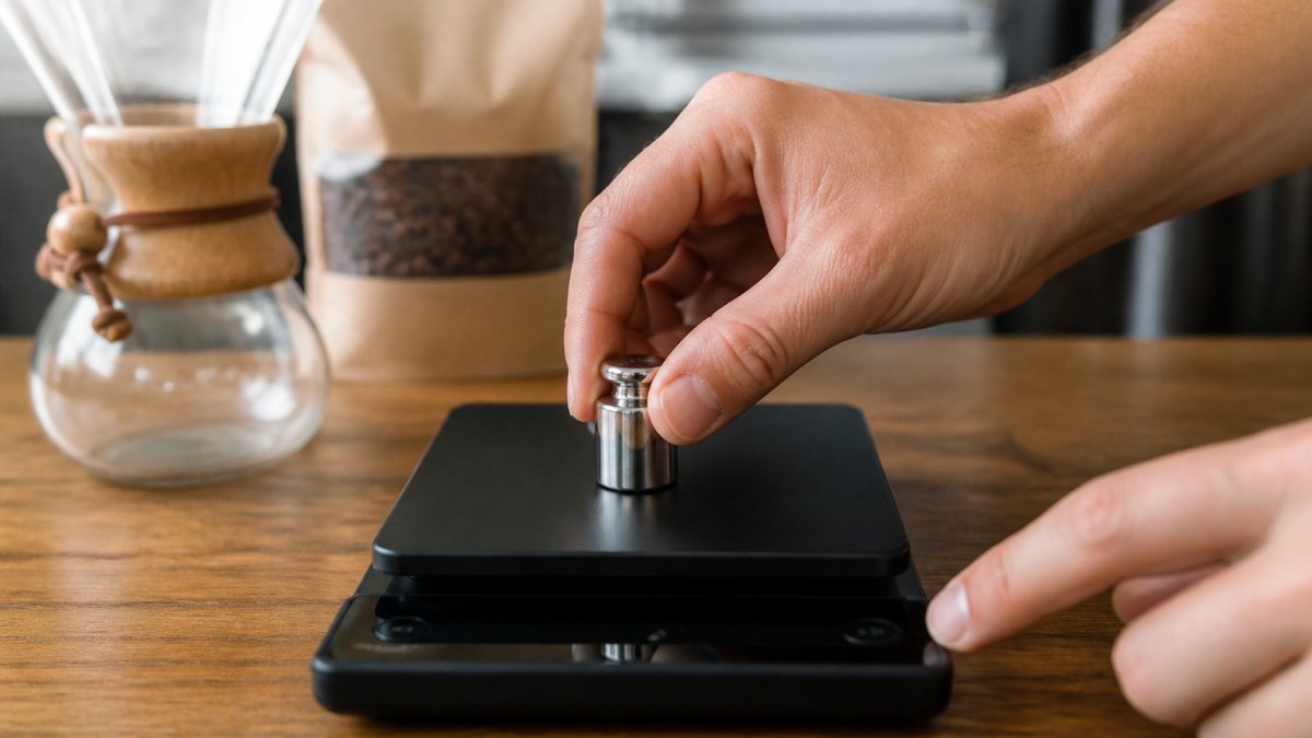 Hands placing a small metal calibration weight onto a digital scale on a kitchen counter for precision dosing