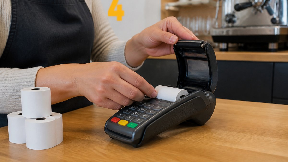 Café staff opening the paper compartment of an Ingenico card machine to load a new roll of receipt paper.