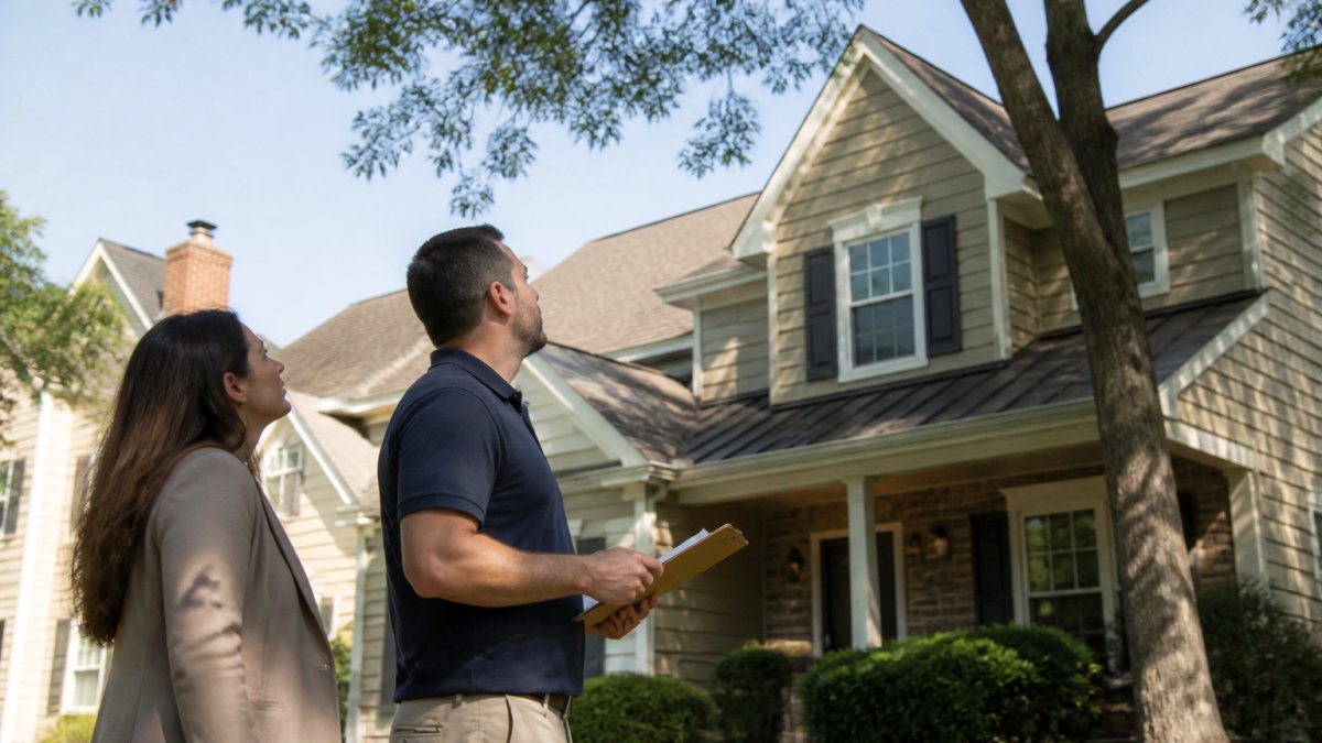 Solar consultant and homeowner assessing roof shade for solar panel eligibility in a suburban yard