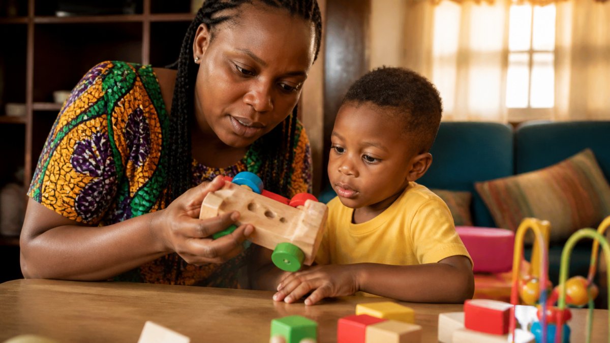 Parent and child inspecting a wooden toy for safety in a Nigerian home