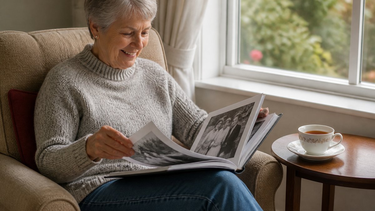 Elderly woman smiling while viewing a photo book in an armchair with a cup of tea on a side table nearby