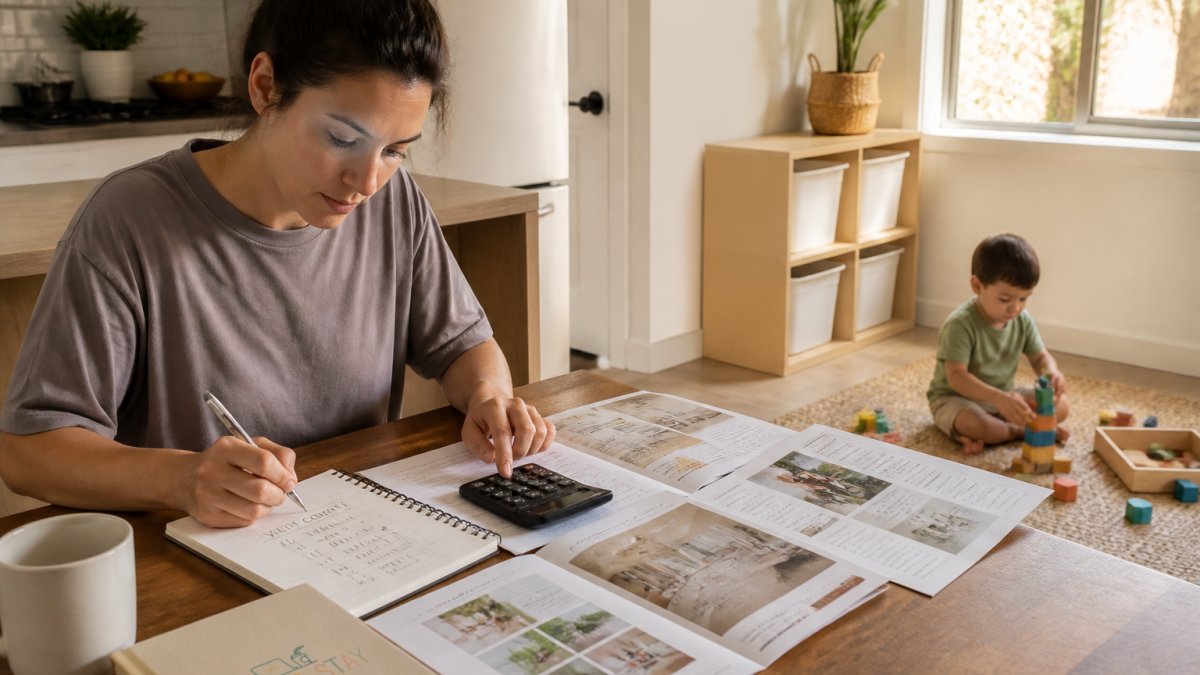 A parent sitting at a kitchen table with a notebook and calculator, writing down visit counts and comparing membership brochures while a young child plays with blocks on the floor nearby, warm afternoon light through the window