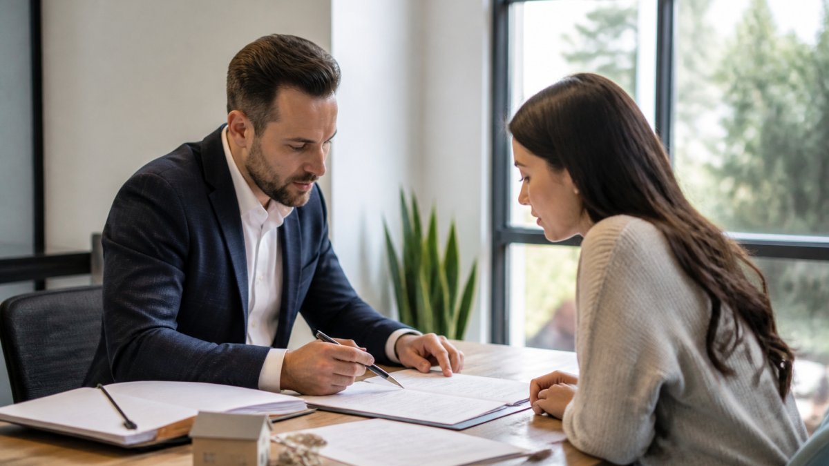 Professional mortgage lender meeting with first-time homebuyer at desk, reviewing loan documents and discussing mortgage options in modern office with natural lighting