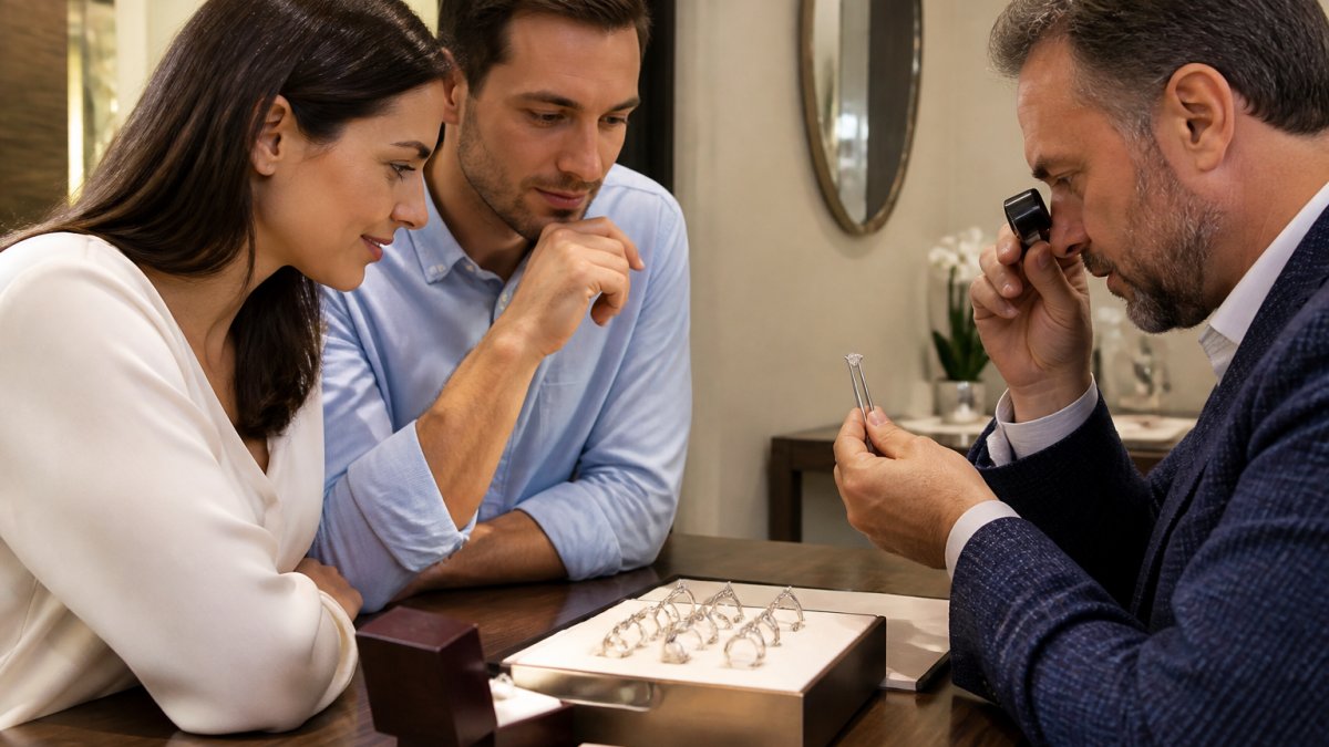 Flowchart illustrating key questions to ask when buying an ethical diamond engagement ring during a consultation.