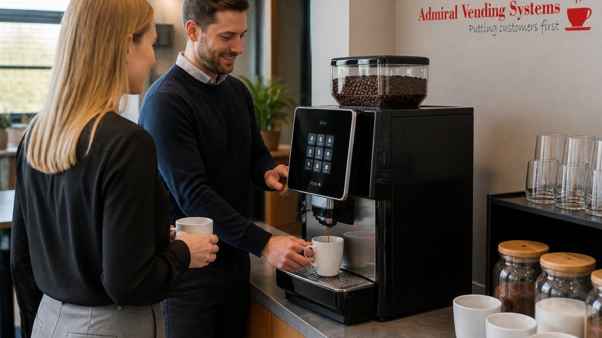 A busy office kitchen counter with a bean to cup coffee machine in use, one colleague holding a mug while another waits, fresh beans visible in the hopper