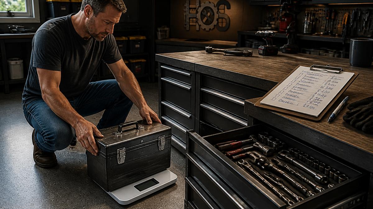 Homeowner weighing a metal toolbox on a digital scale to check garage cabinet load capacity