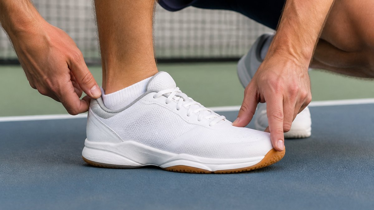Close-up of a person's foot being fitted into a pickleball shoe during a professional fitting, showing proper heel positioning and toe box clearance with the shoe being tested on a court surface