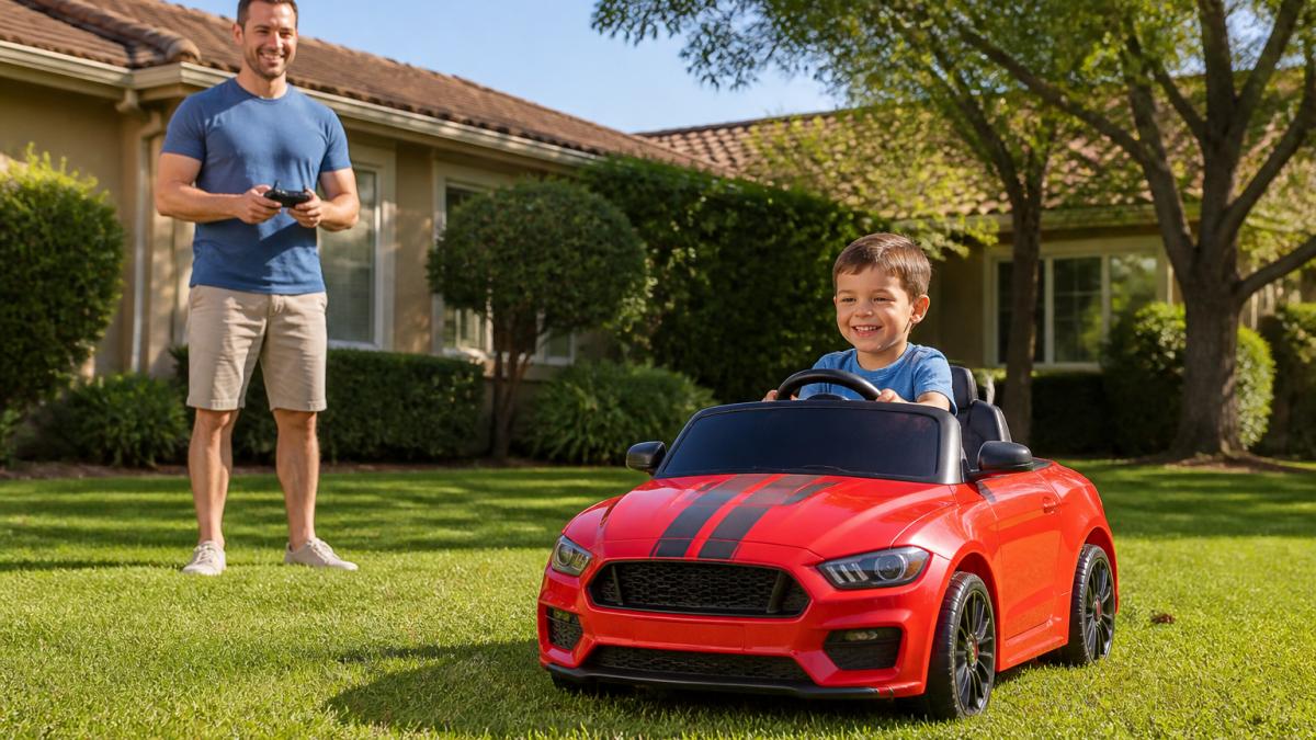 Parent holding a 2.4GHz remote control while child drives a ride-on car in a sunny backyard, both smiling, showing the adult supervising from a safe distance with the remote in hand