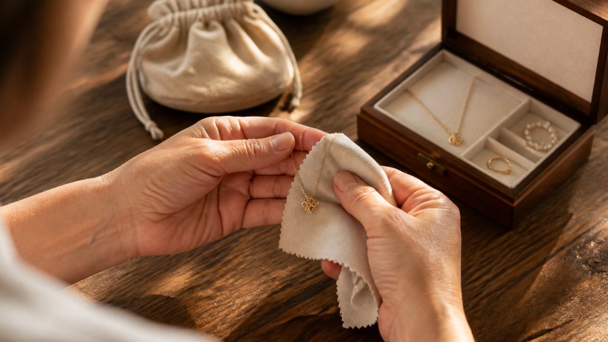 Hands carefully cleaning a delicate gold necklace with a soft microfiber cloth over a wooden table, with a small jewelry storage pouch and wooden jewelry box nearby in warm natural light