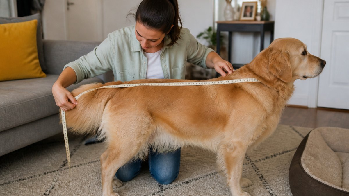 Woman using a measuring tape on a golden retriever to determine the correct dog bed size for her pet