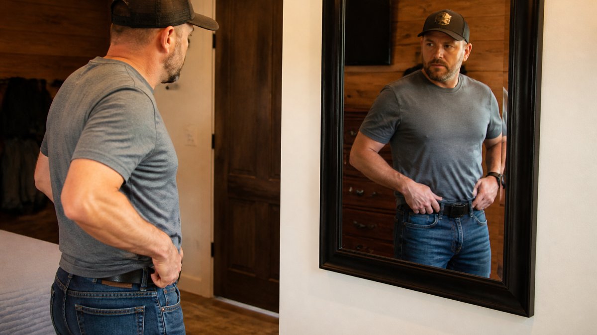 Person adjusting a waistband holster in a mirror to check for grip concealment and fit