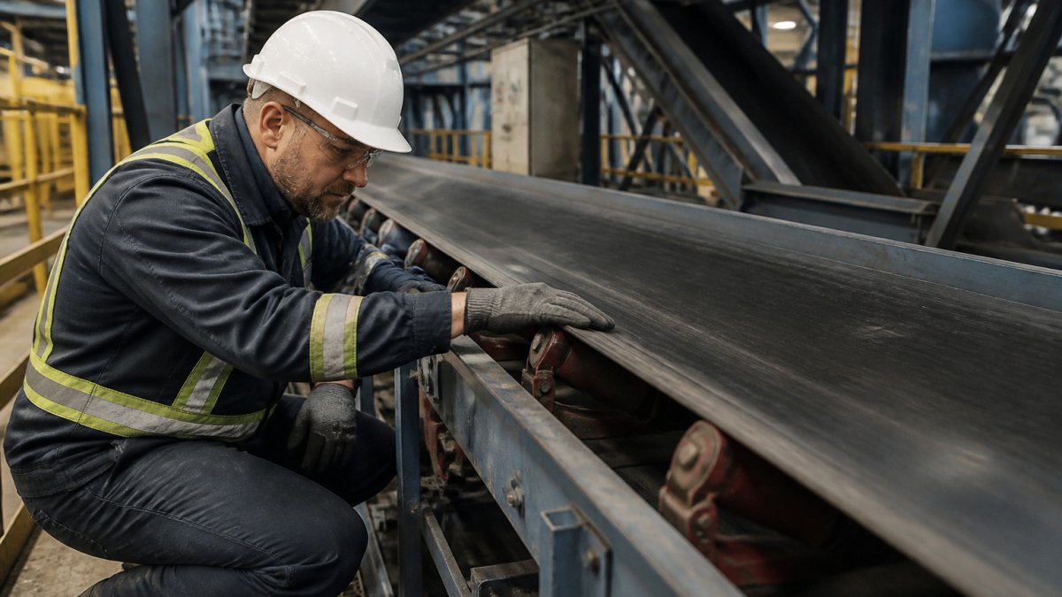 A maintenance technician inspecting rubber industrial belt materials on a factory production line