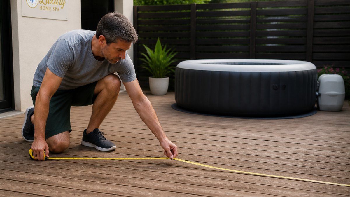 A homeowner kneeling on a wooden backyard deck with a tape measure extended across the open patio space, an inflatable hot tub visible in the background near a fence line