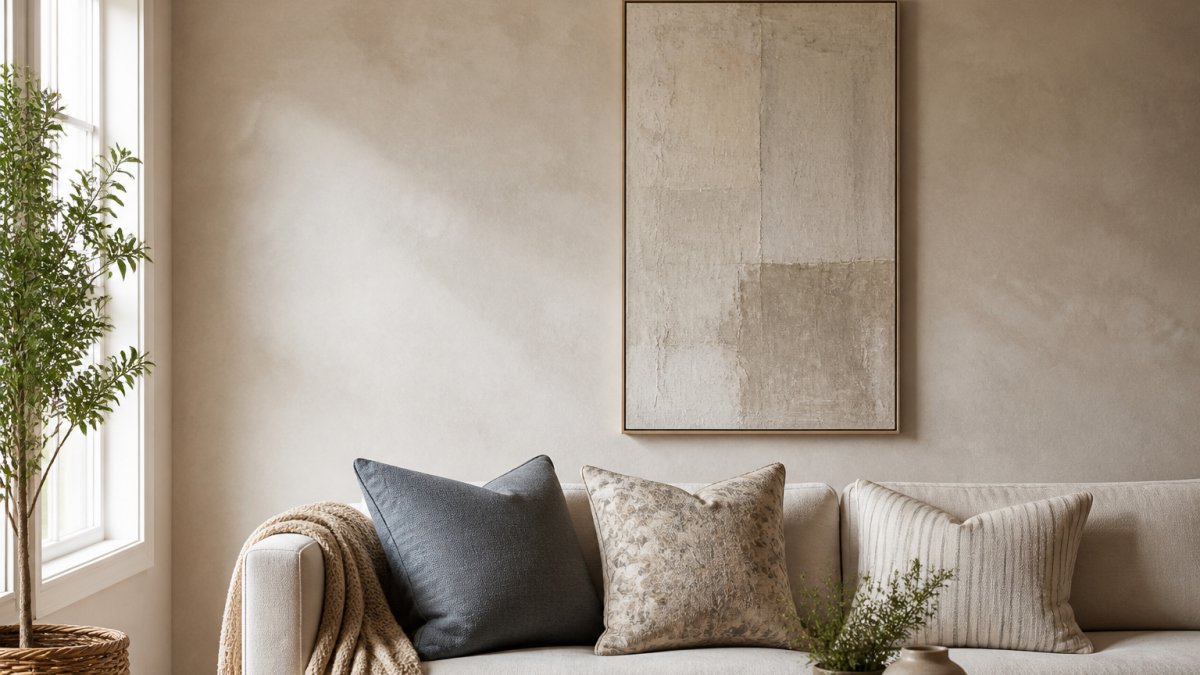 A bright compact living room with a limewashed neutral wall behind a low sofa, a textured canvas painting hung vertically, a woven throw draped over the arm, and soft natural light from a side window