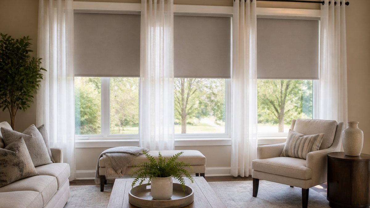 Infographic showing how to layer roller shades and curtains for effective window shades privacy and natural light.