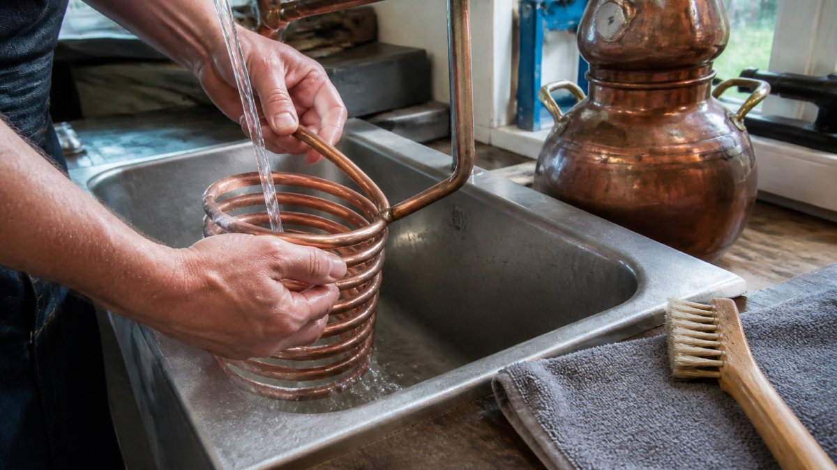 Hands rinsing a coiled copper worm condenser with a soft brush to clean a copper still in a workshop sink