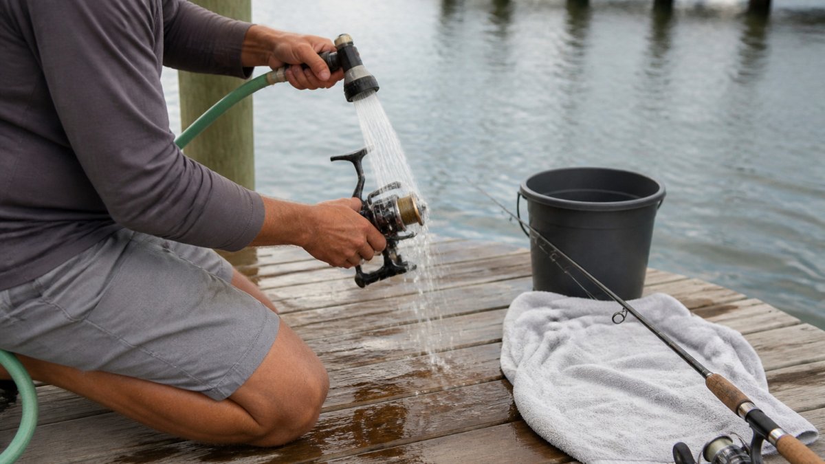 Angler rinsing a spinning reel with fresh water on a dock after saltwater fishing