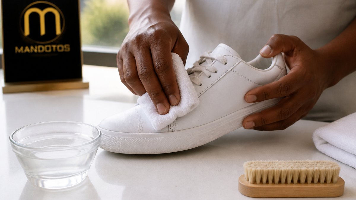 Close-up of hands using a soft damp cloth to gently wipe the upper of a white leather sneaker on a clean worktop, with a soft brush and a small bowl of water nearby, soft natural window light