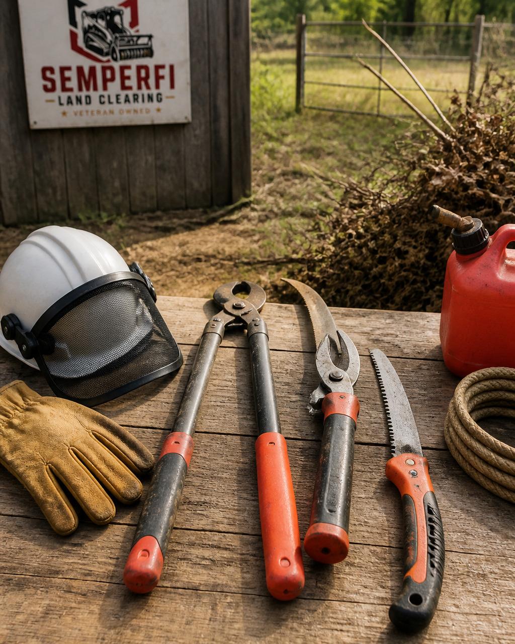 Crew member in a hard hat and gloves clearing overgrown brush with hand tools on a rural Texas property