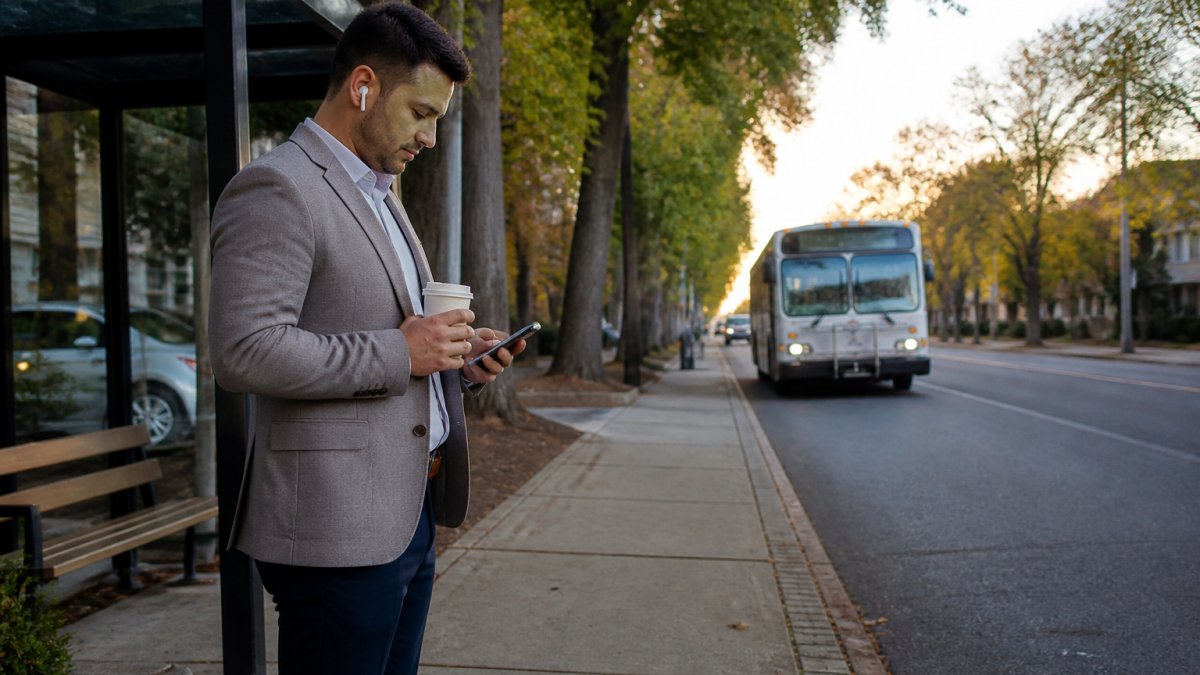 Commuter waiting at a tree-lined Nutley bus stop for their trip to NYC