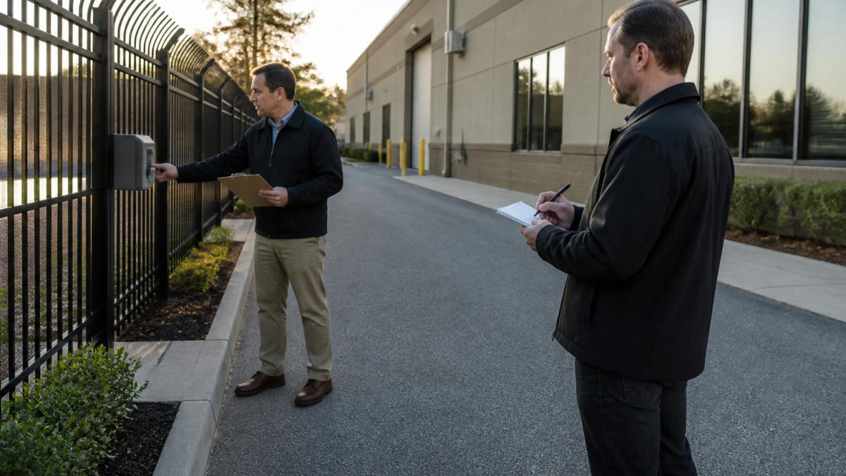 A security consultant and property manager conducting a physical security risk assessment at a facility perimeter.