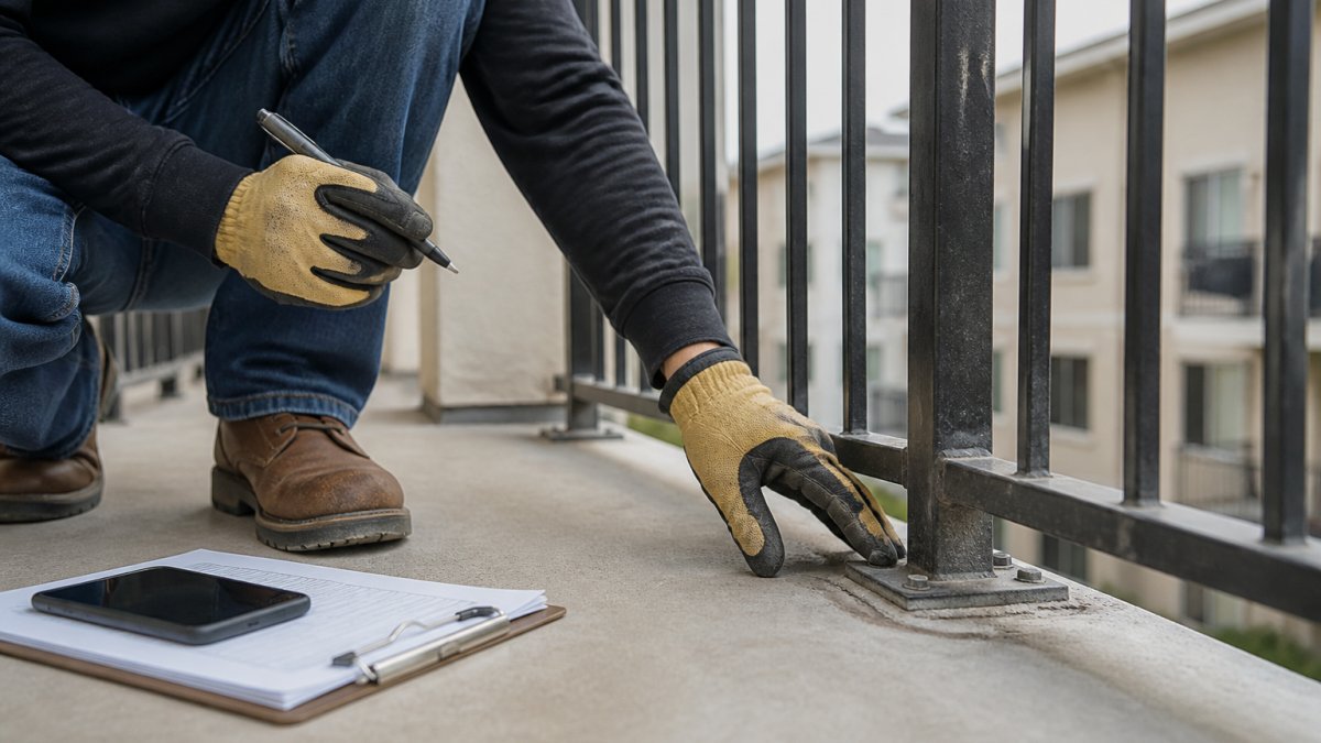 Inspector wearing work gloves checking a railing base during a balcony safety audit on a concrete terrace.