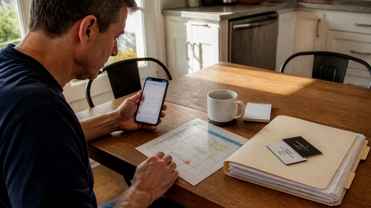 A homeowner at a kitchen table reviewing a printed weekly schedule beside a phone showing a shared calendar app, with a folder of contractor estimates, business cards, and a coffee mug in warm morning light